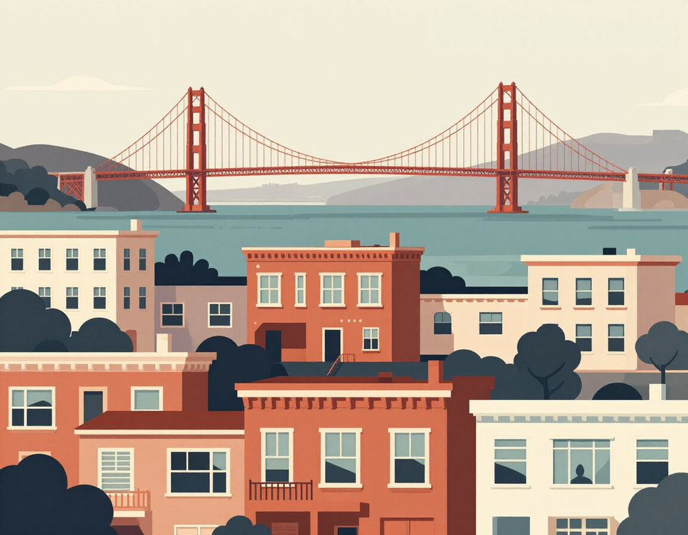 Bay Area illustrated cityscape with Golden Gate Bridge