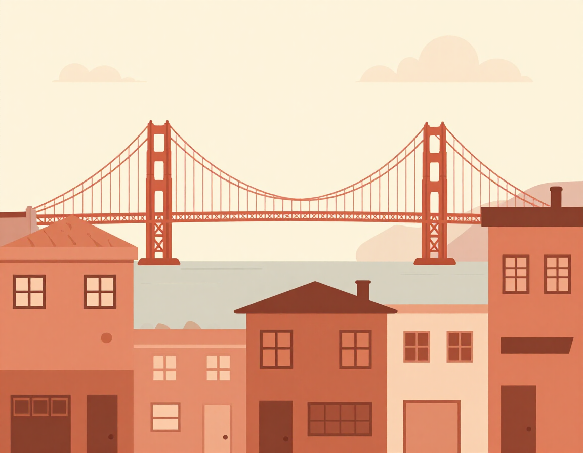 Bay Area illustrated cityscape with Golden Gate Bridge
