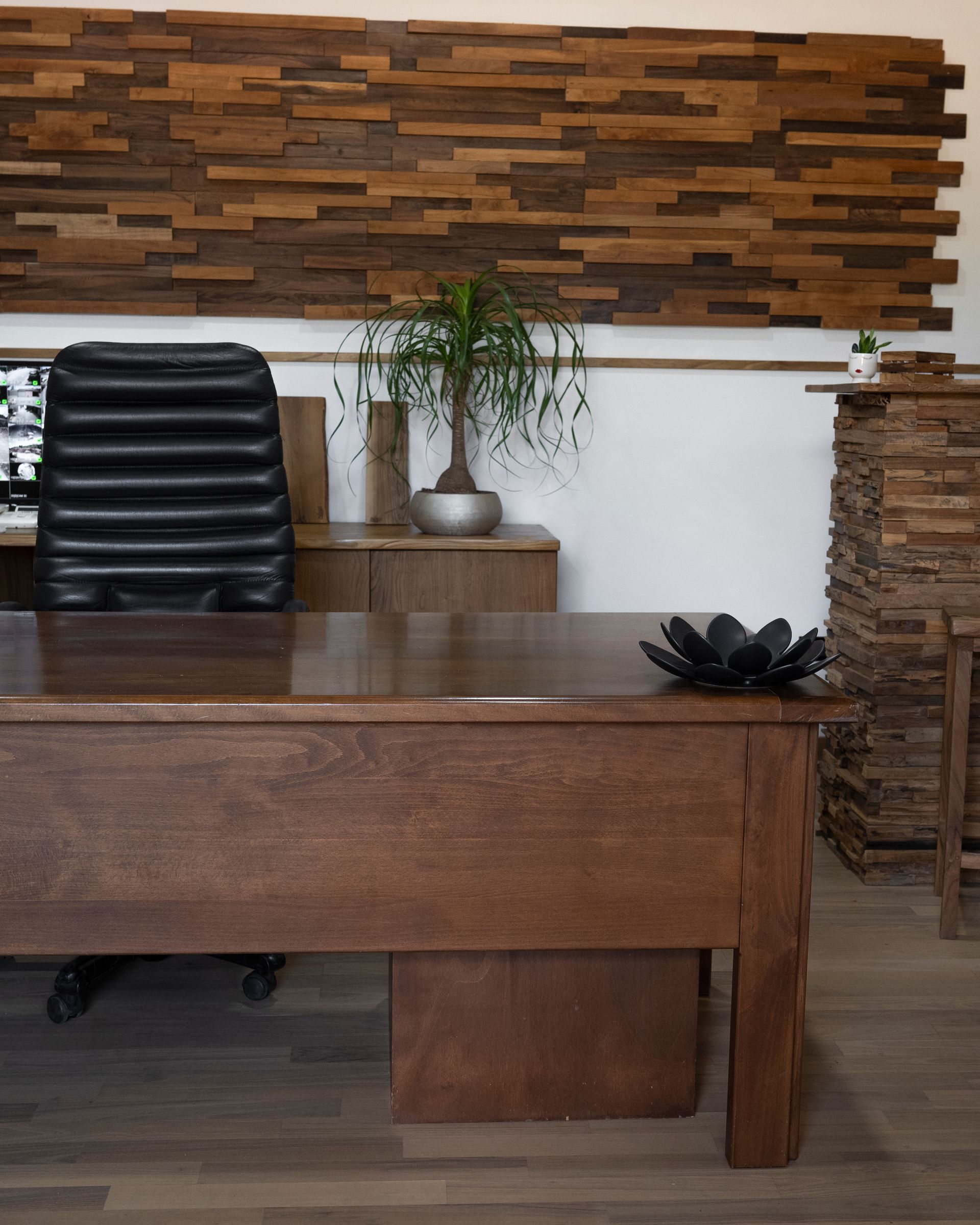 Ufficio moderno con scrivania in legno, sedia nera, pianta in vaso e quadro in legno alle pareti.