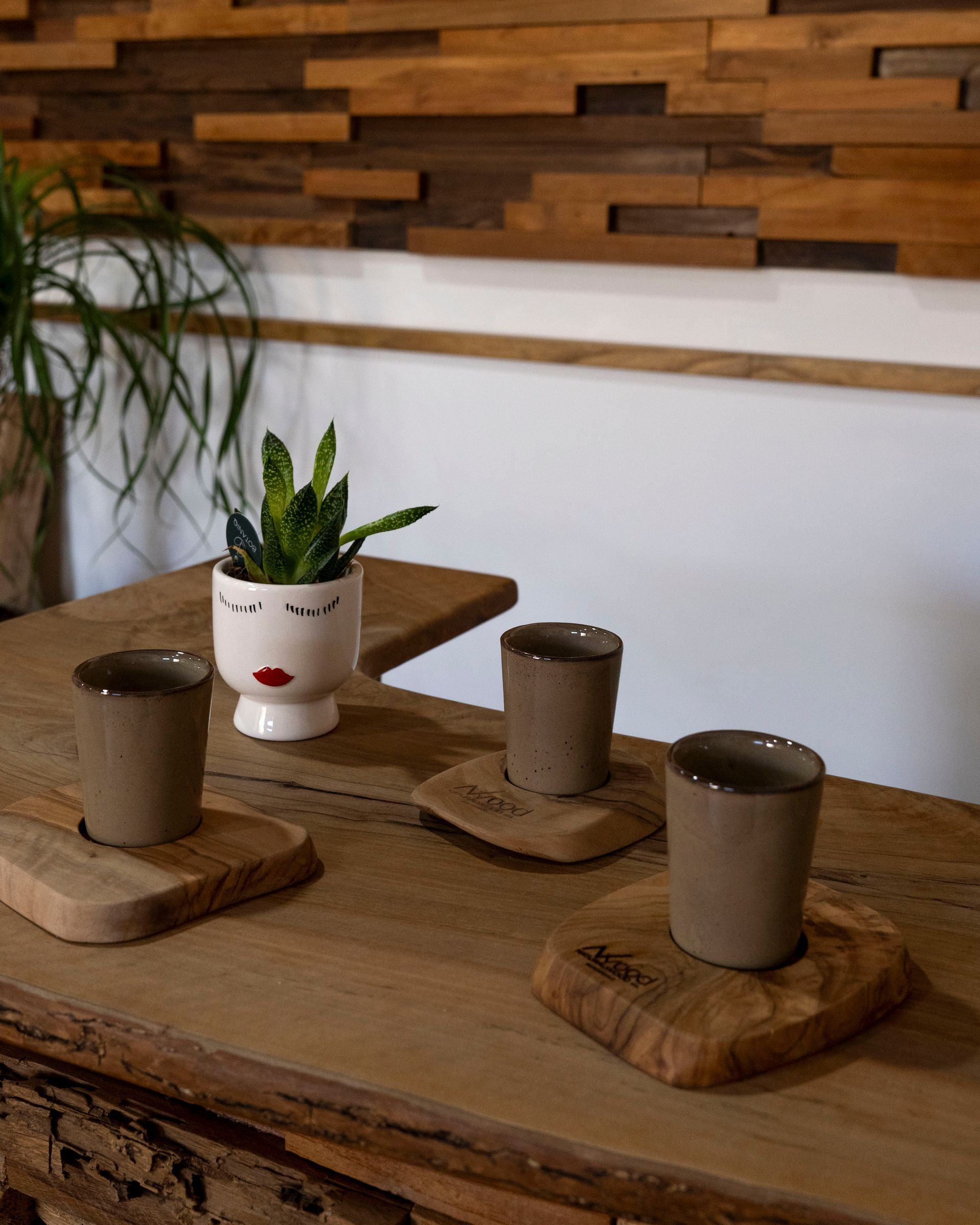 Tavolo rustico apparecchiato con tre tazze in ceramica su sottobicchieri e una piccola pianta in vaso.