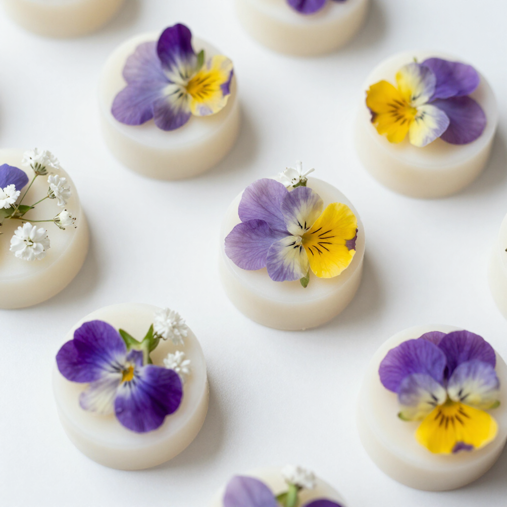 Kleine, ronde, crèmekleurige zeepjes versierd met kleurrijke paarse en gele viooltjes en kleine witte bloemetjes.