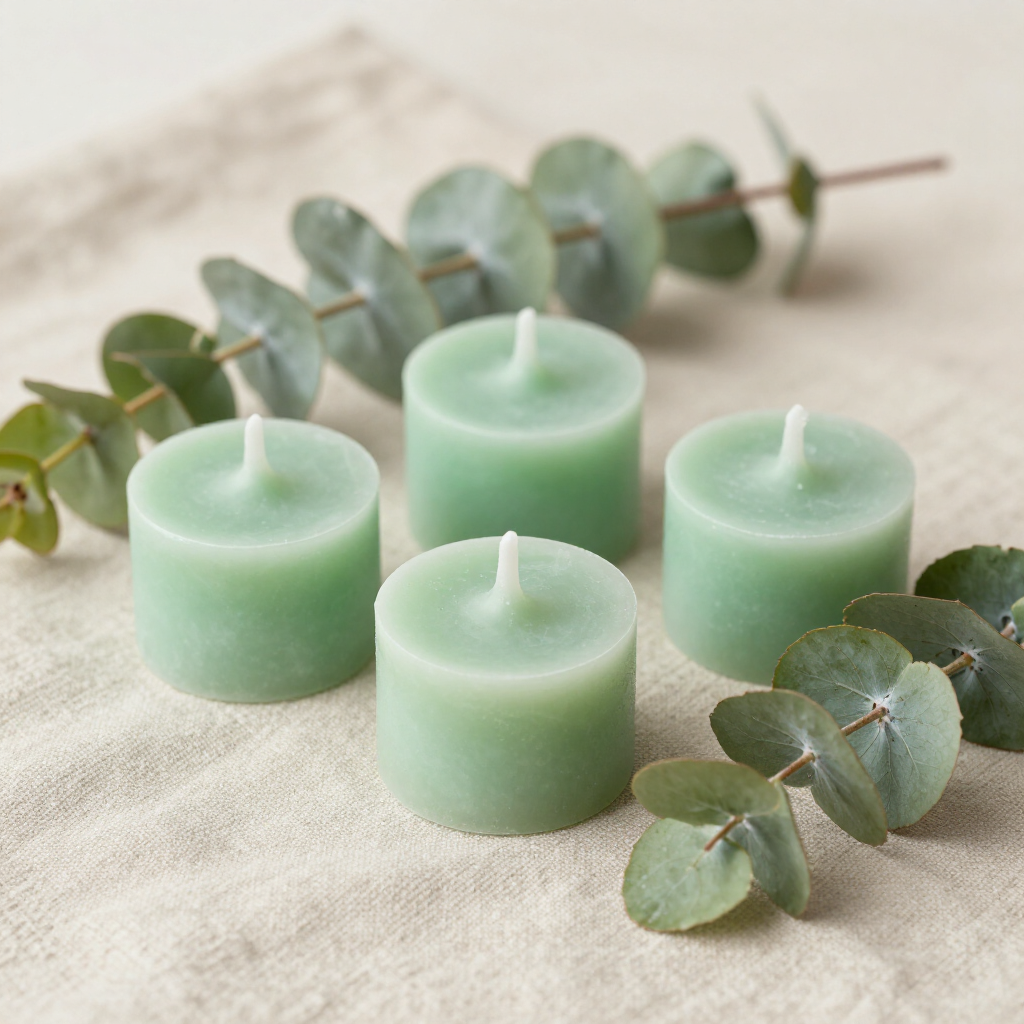 Vier saliegroene theelichtjes staan ​​op een lichtbeige, gestructureerde stof met takjes eucalyptusbladeren.