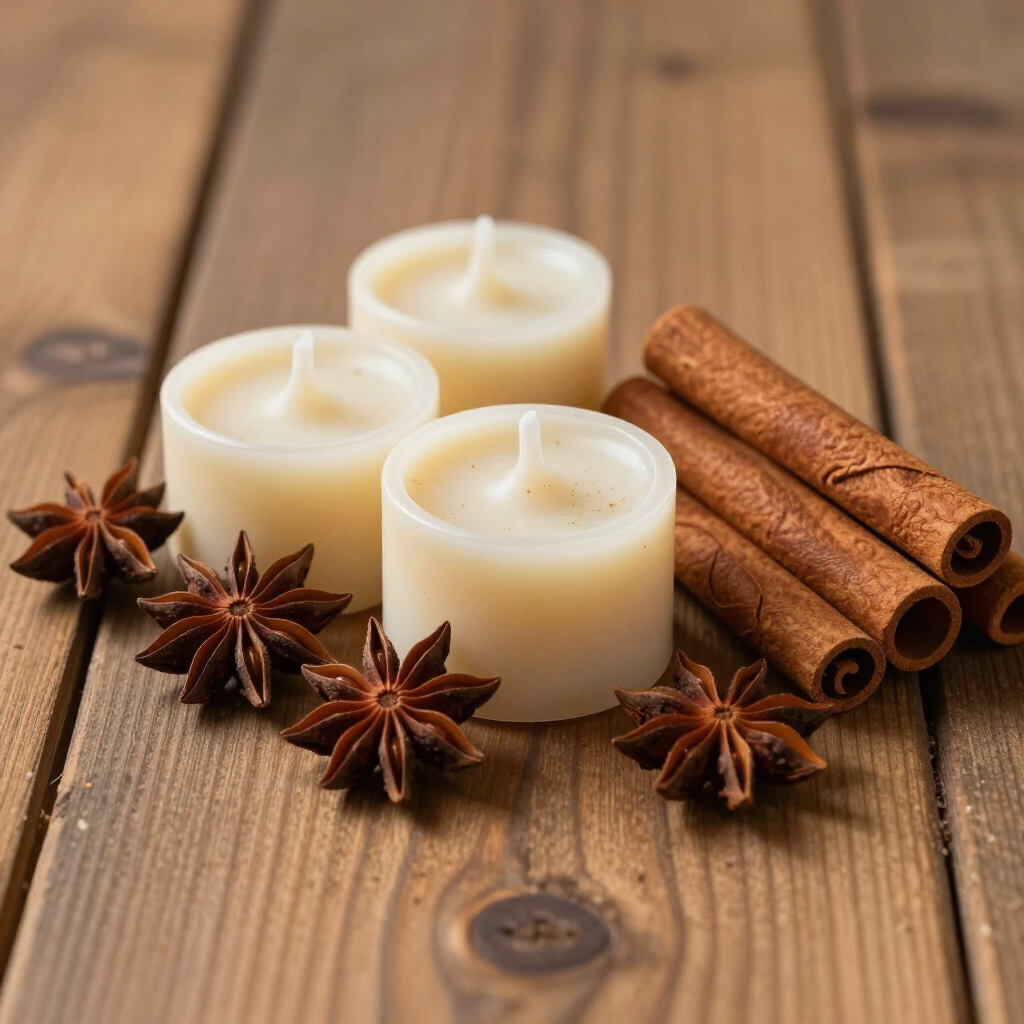 Drie witte theelichtjes, samen met steranijs en kaneelstokjes, staan ​​op een houten ondergrond.