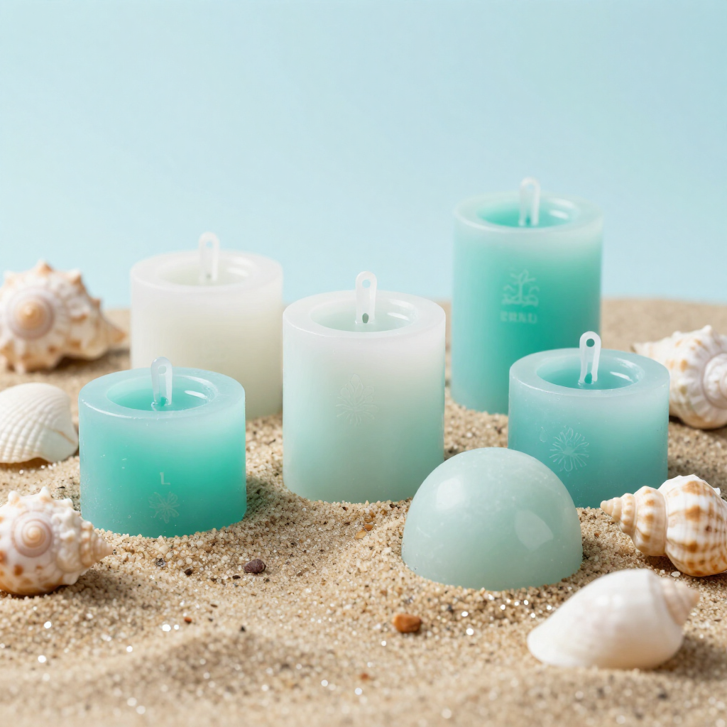 Diverse pilaarkaarsen in turquoise en wit, genesteld in strandzand met een aantal kleine schelpjes.