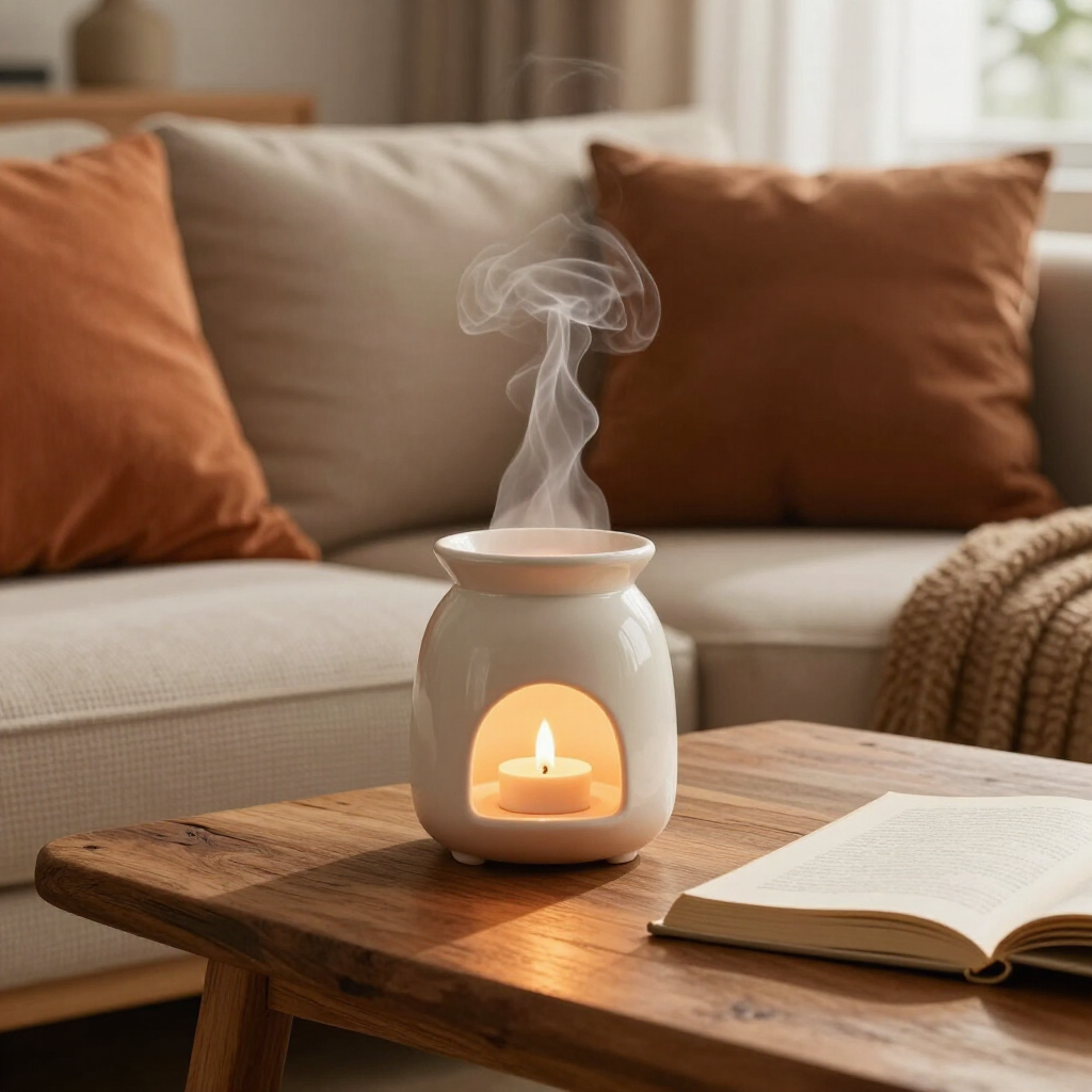 Een witte keramische waxbrander met een brandend theelichtje staat op een houten tafel en er komen sliertjes rook vanaf.