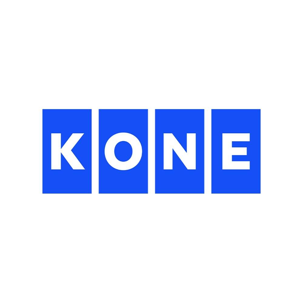 Il logo KONE è composto dalle lettere K, O, N ed E, ciascuna in carattere bianco all'interno del proprio rettangolo verticale blu.
