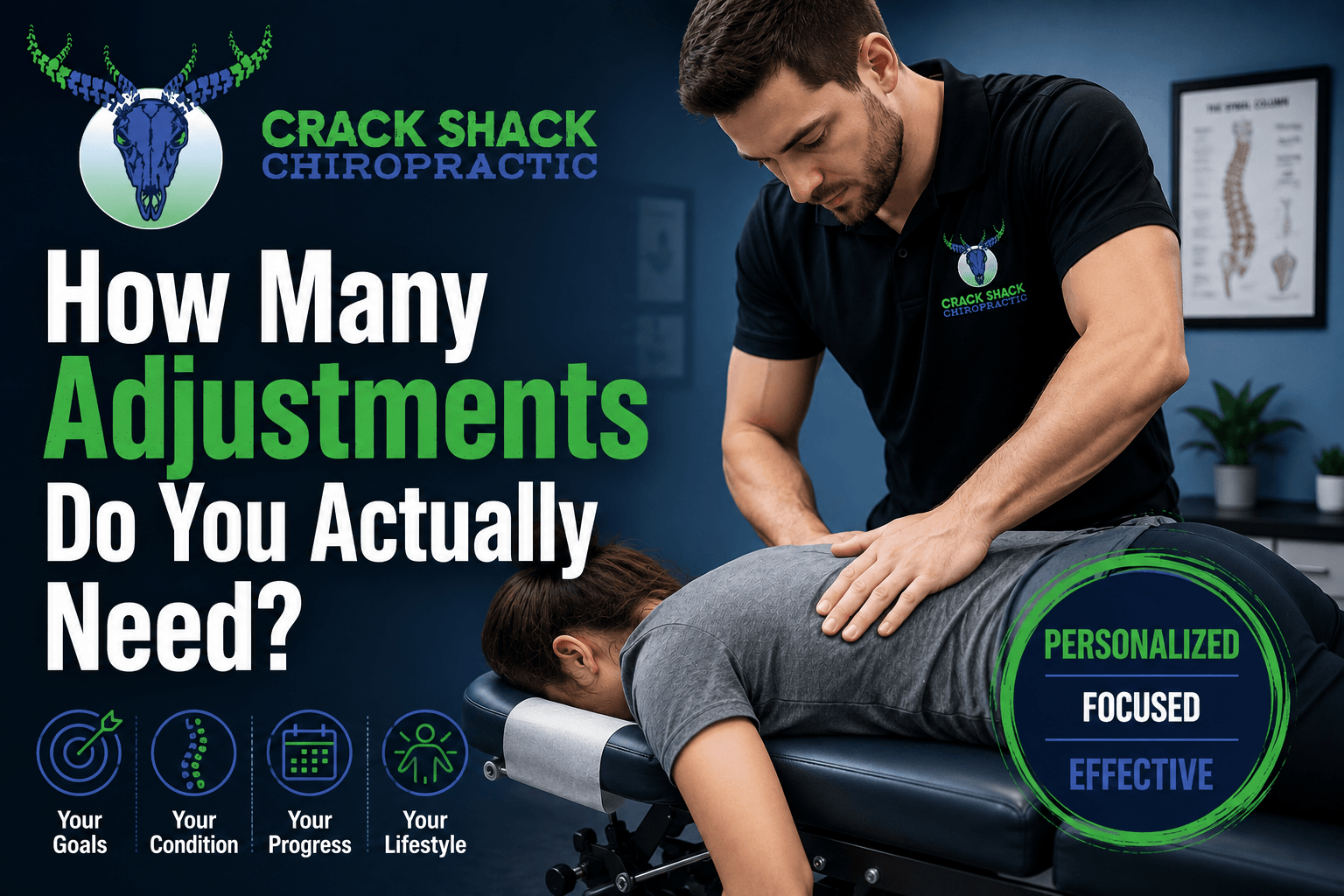 Chiropractor adjusting a patient on a treatment table beside text: “How Many Adjustments Do You Actually Need?”