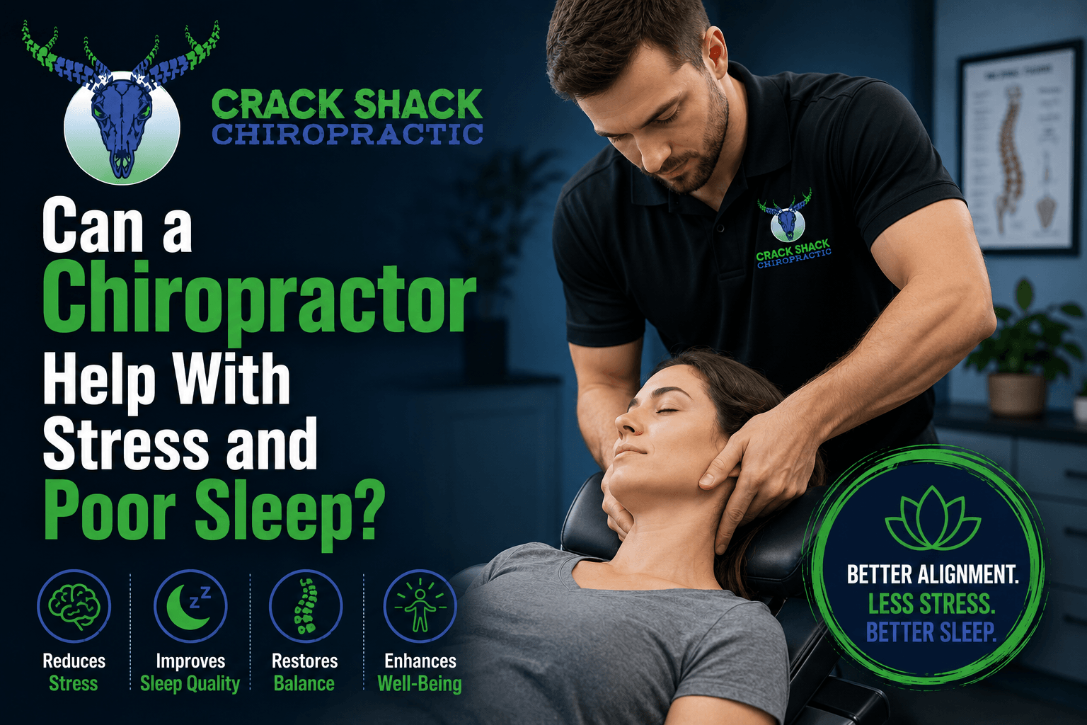 Chiropractor adjusting a woman’s neck in a clinic ad: “Can a Chiropractor Help With Stress and Poor Sleep?”