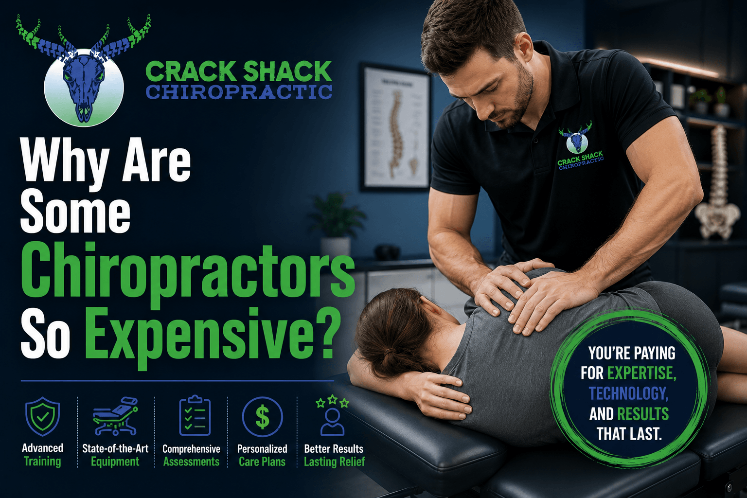 Chiropractor adjusting a patient on a treatment table beside text: “Why Are Some Chiropractors So Expensive?”