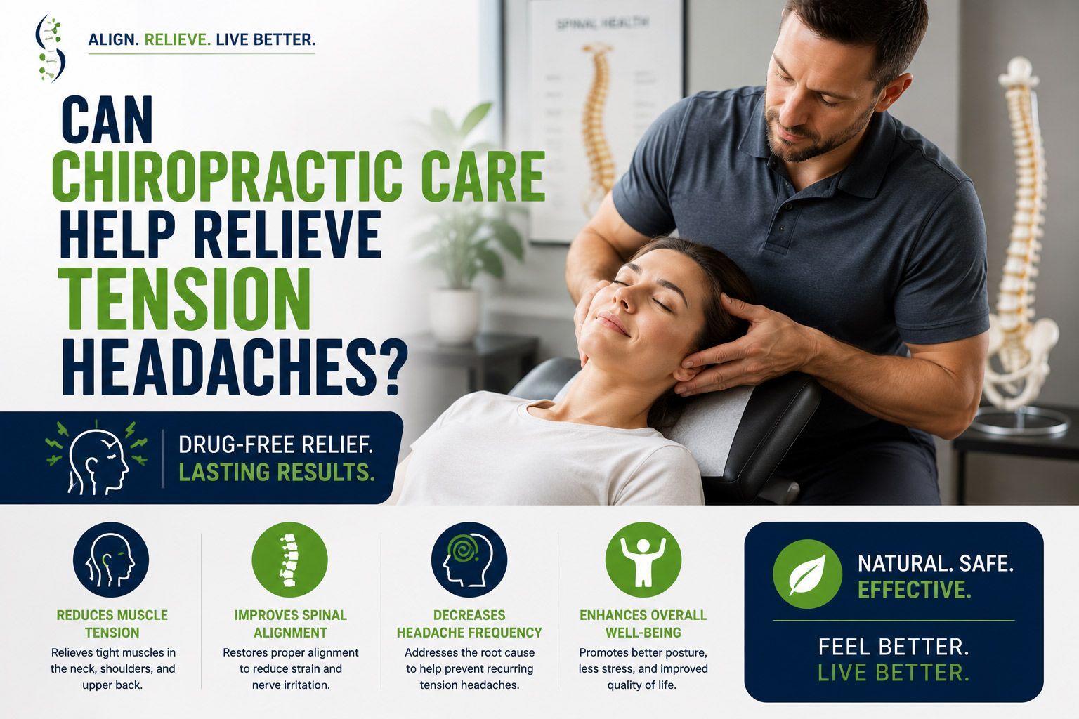 Chiropractor relieving neck tension on a woman, with text asking if chiropractic care can relieve tension headaches.