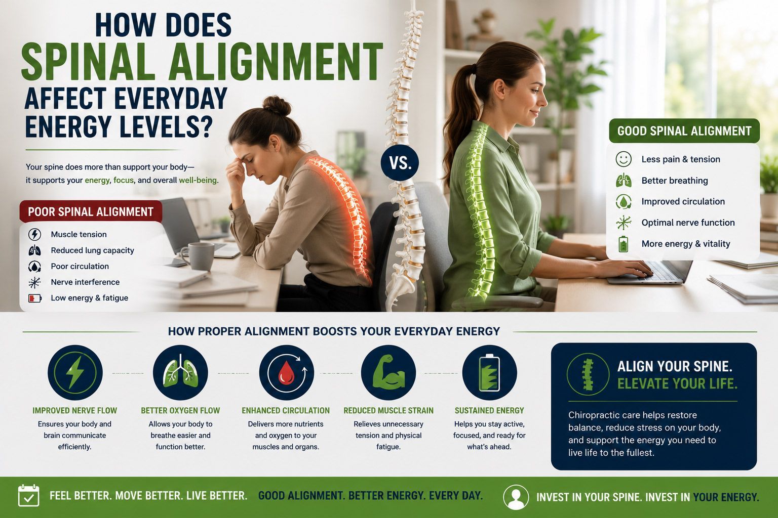 Infographic on spinal alignment and daily energy, with people sitting and standing in green-blue tones