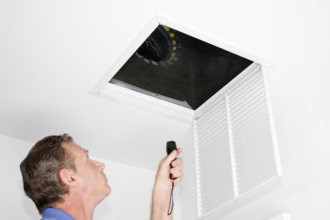 air duct cleaning technician inspecting an air duct and a before and after of an air duct cleaning in tempe az
