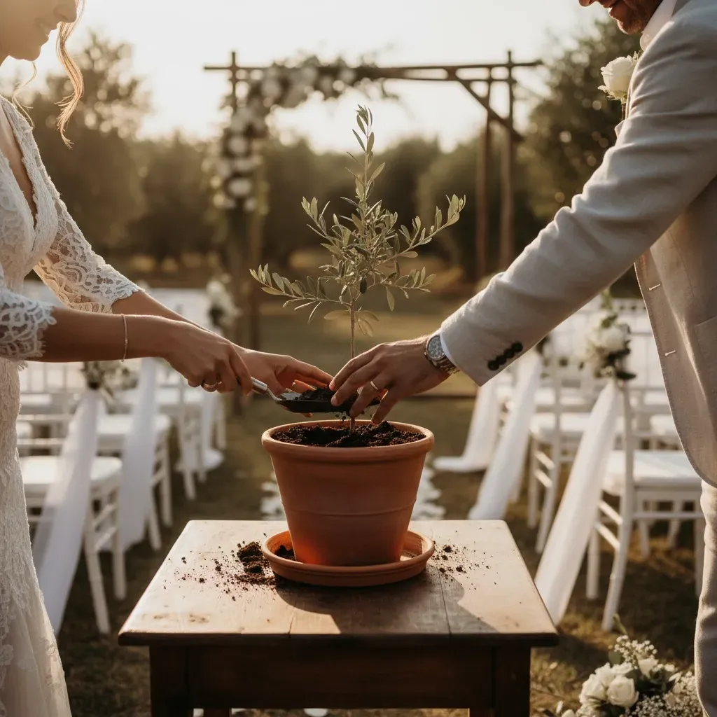 Couple plants a tree during a wedding ceremony outdoors.