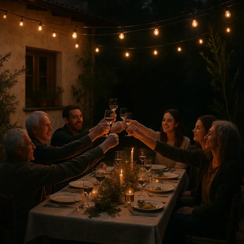 Family clinking wine glasses during an outdoor dinner. Fairy lights illuminate the setting.