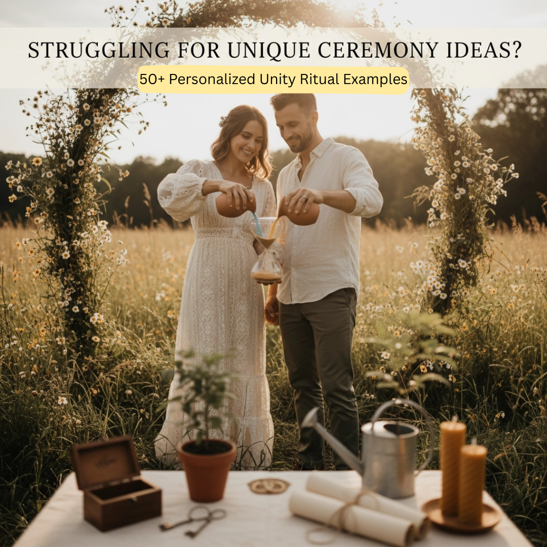 Couple performing a unity ritual during an outdoor wedding ceremony, pouring sand from separate containers.