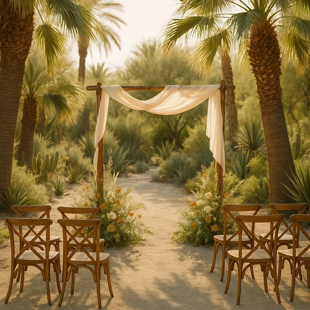Wedding ceremony setup in a desert landscape with wooden chairs and a draped archway.