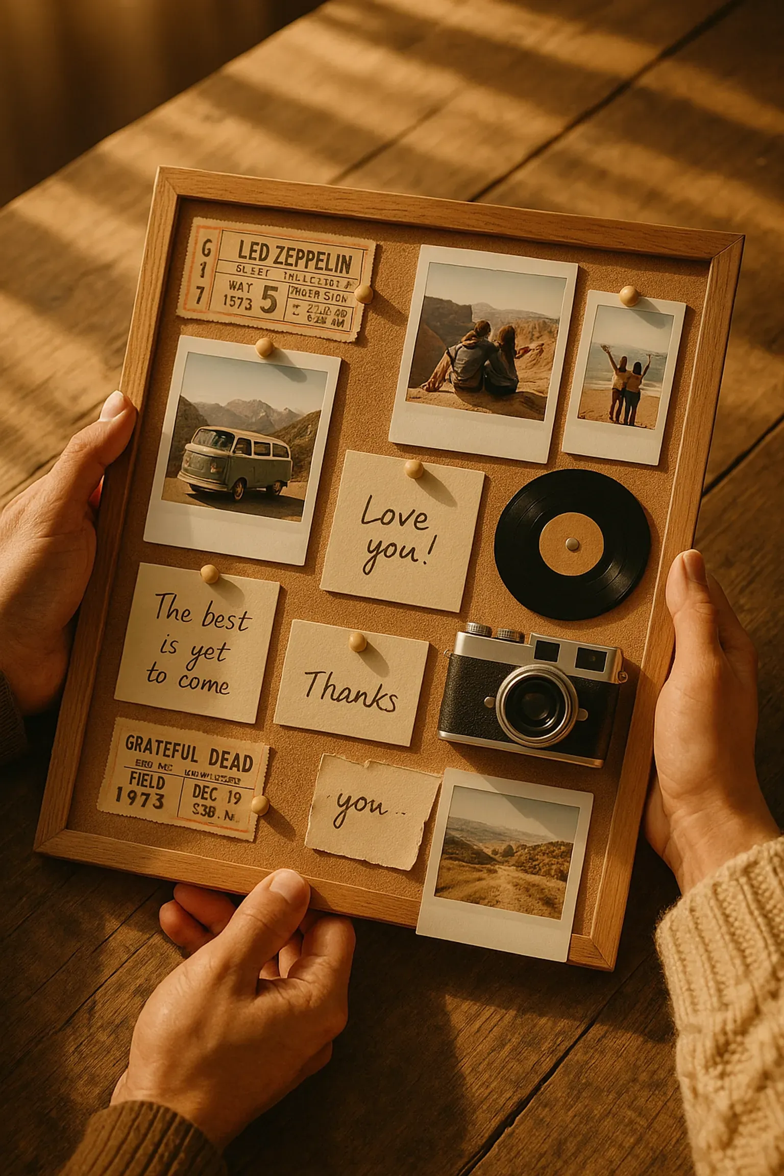 Person holding a corkboard with photos, notes, and a record, warm tones.