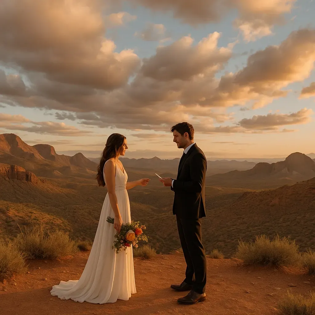 Bride and groom exchange vows on mountain ridge at sunset. He reads, she holds flowers, dramatic sky.