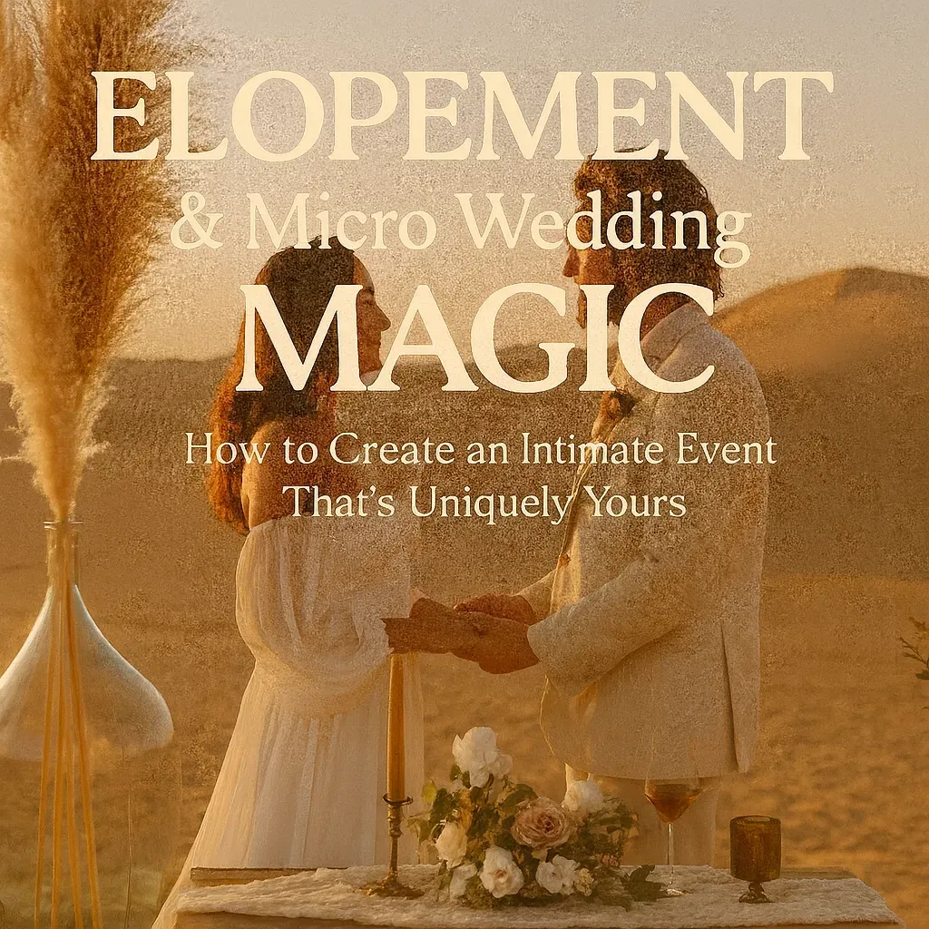 Couple exchanging rings at a micro wedding in the desert, golden light. Text: Elopement & Micro Wedding Magic.