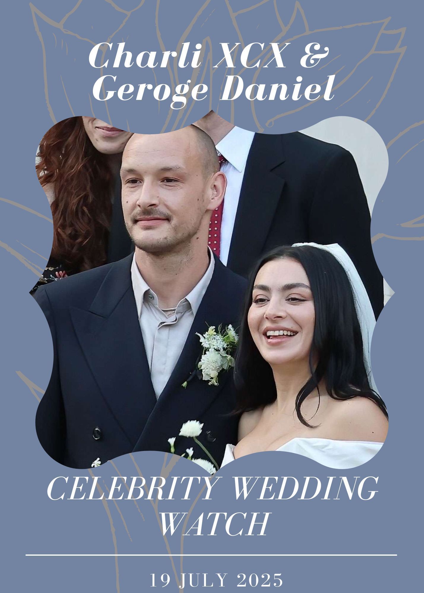 Charli XCX & George Daniel: Wedding poster with photos. The couple smiles. Blue background.