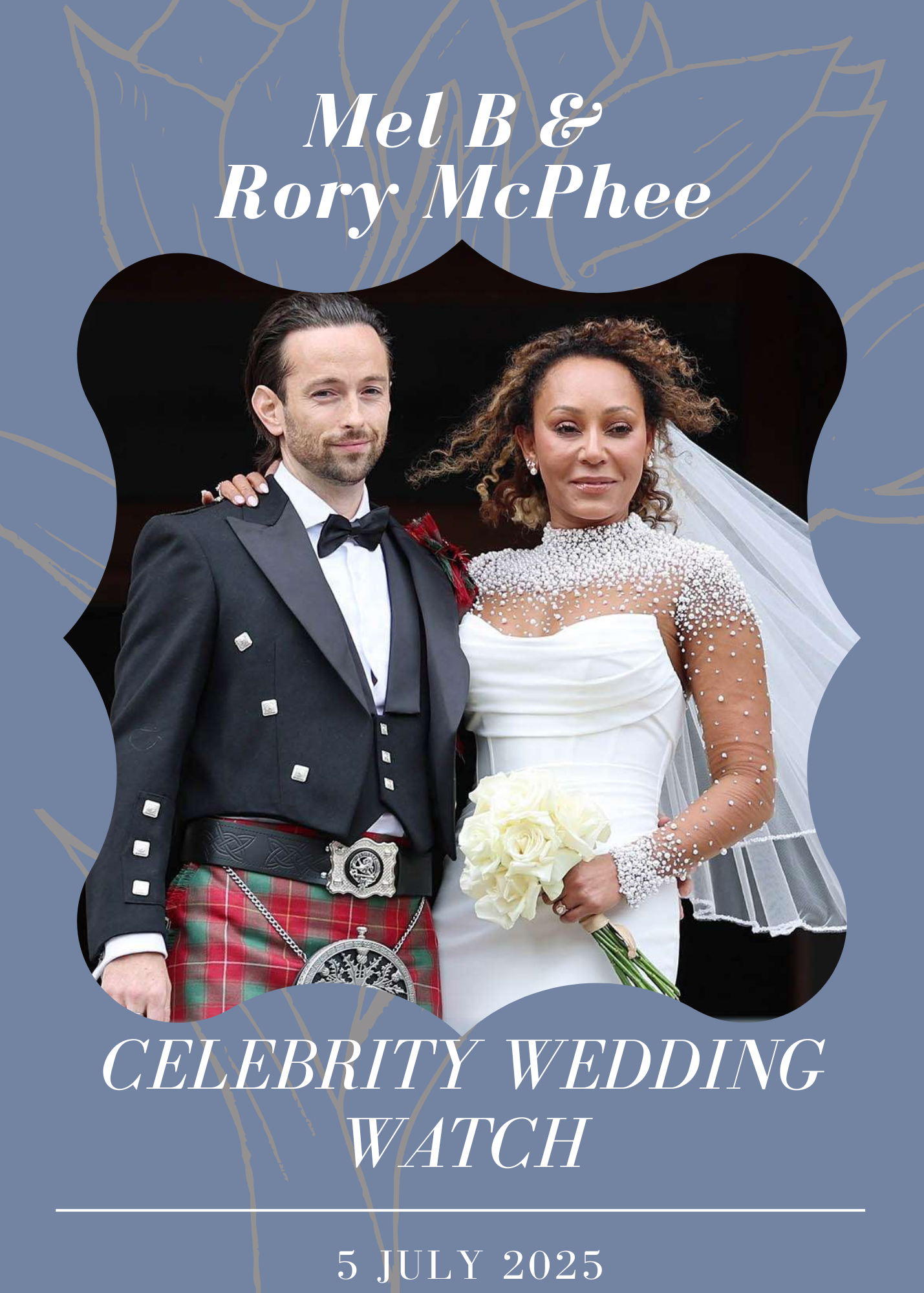 Mel B and Rory McPhee on their wedding day, July 5, 2023. Bride in white gown, groom in kilt.