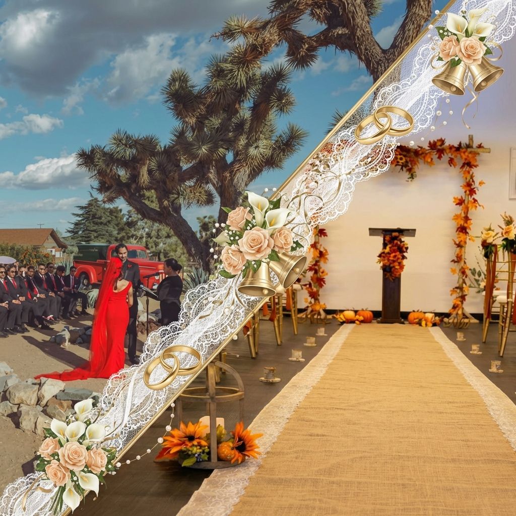 Wedding scene split, outdoor ceremony with a bride in red, indoor ceremony with autumn decor.