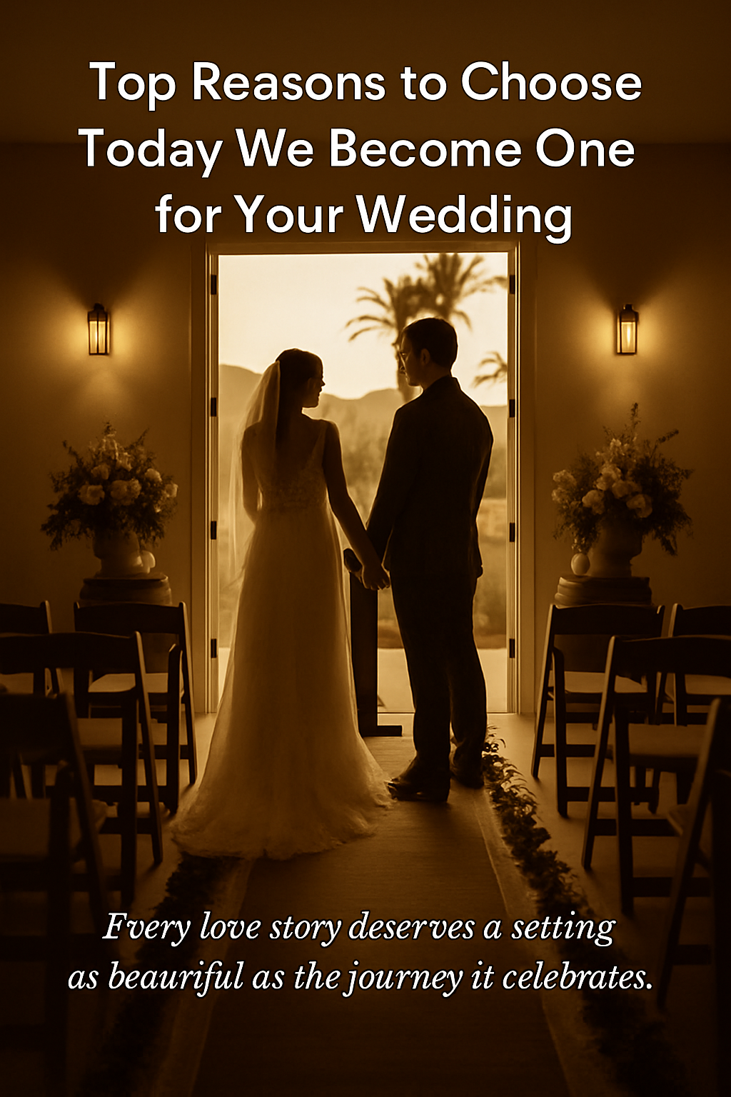 Bride and groom holding hands inside an archway; text