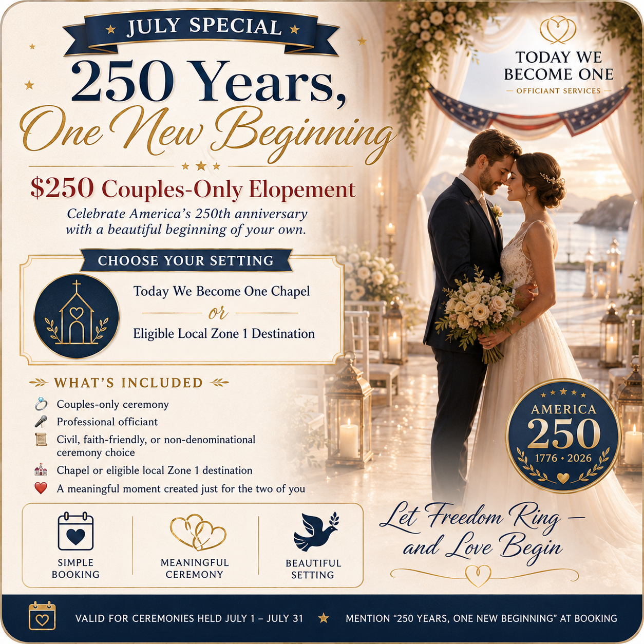 April wedding promotion graphic featuring a unity sand ceremony and offer for a complimentary unity ceremony with personalized script and guided explanation at Today We Become One in Palm Desert
