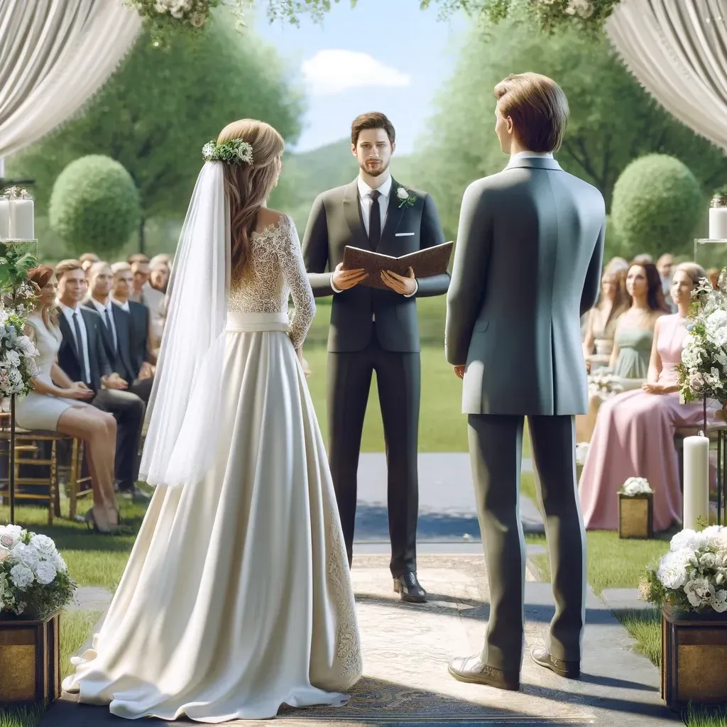 Wedding ceremony; bride in white dress, groom in gray suit, officiant, and guests in a garden setting.