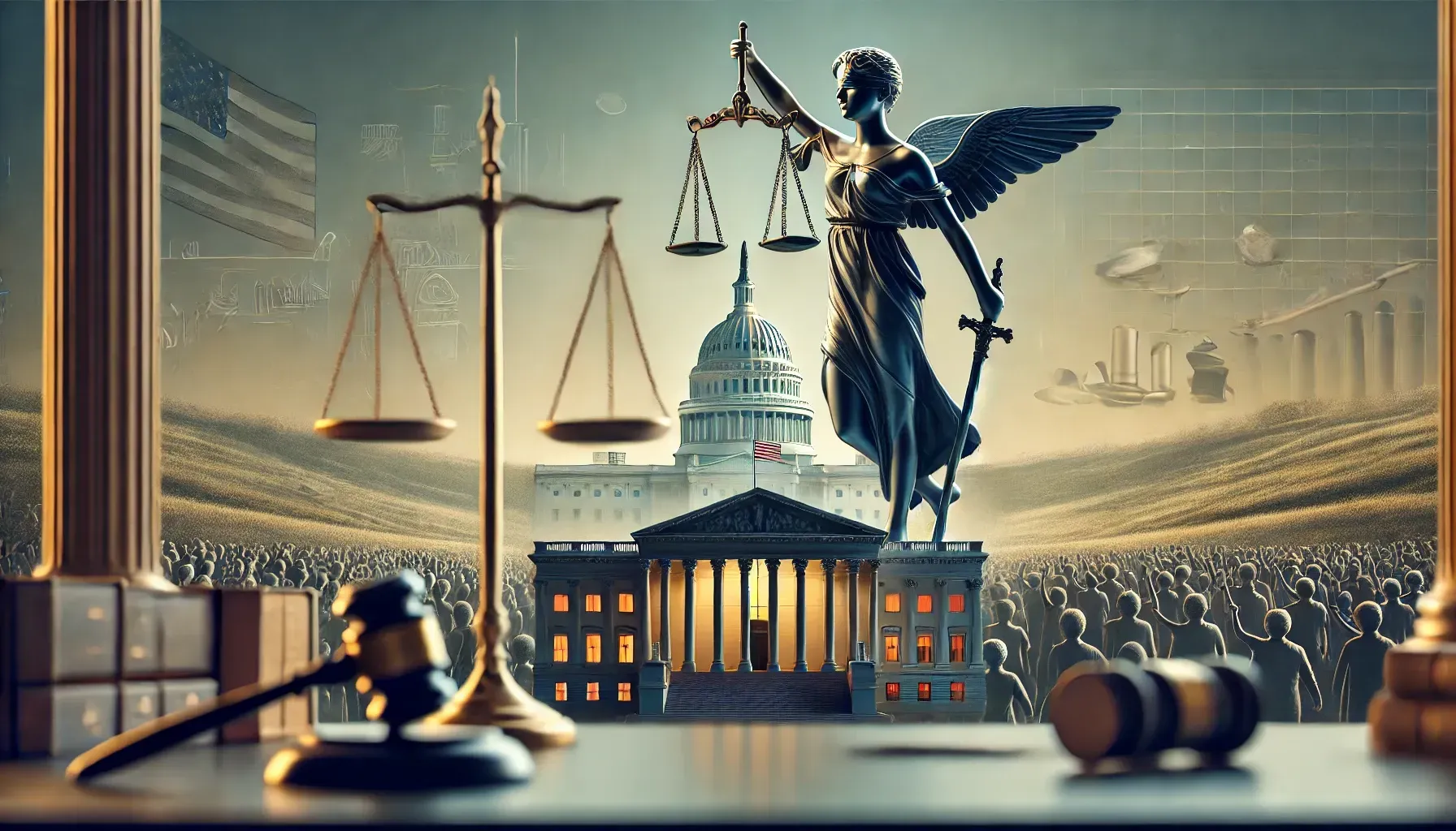 Lady Justice statue with scales, Capitol building, law books, and crowd.
