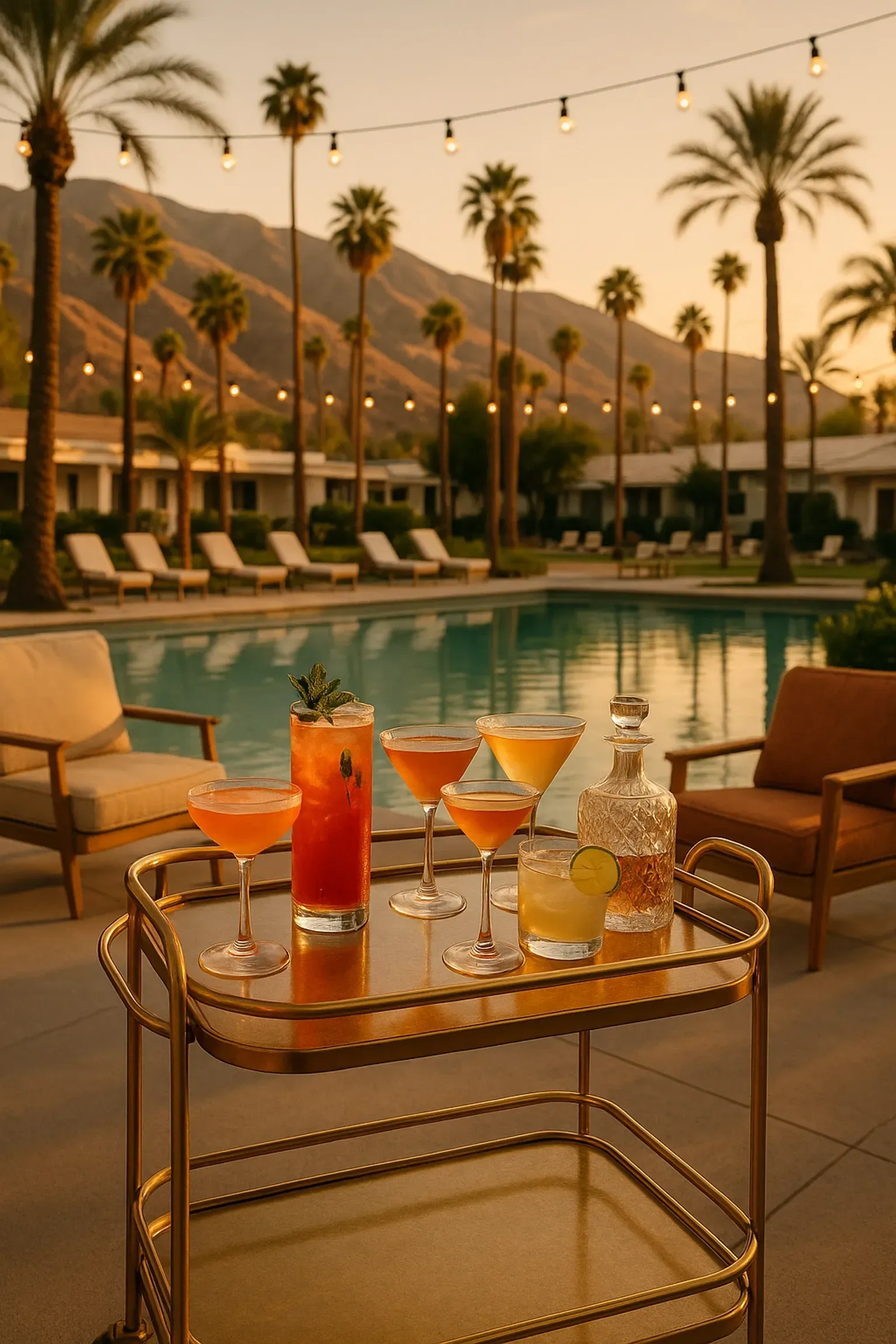 Cocktail cart by a pool at sunset with palm trees and mountain backdrop.