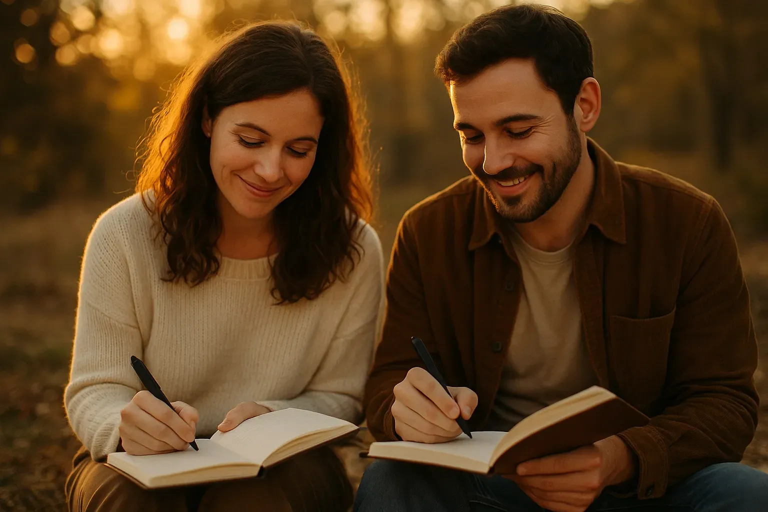 A smiling couple writing in notebooks outdoors at sunset.