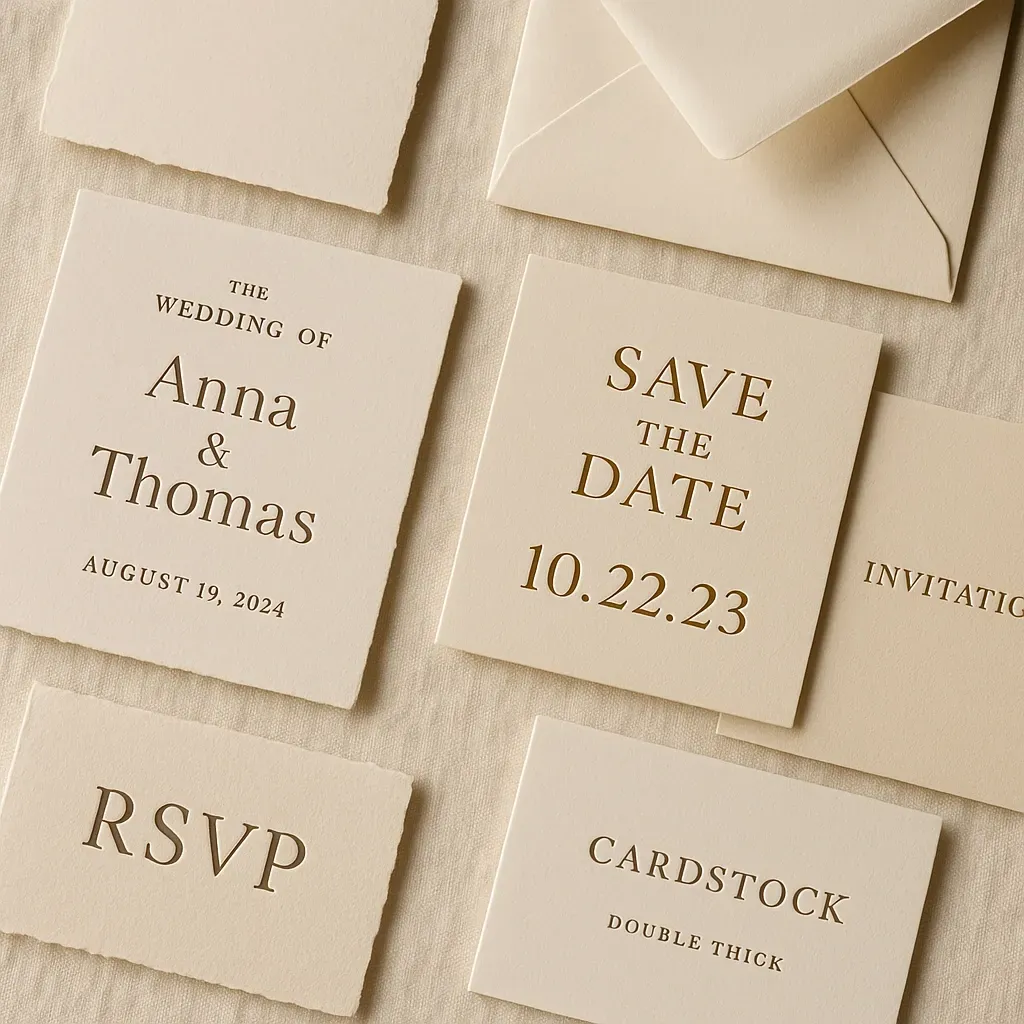 Off-white wedding stationery with text: