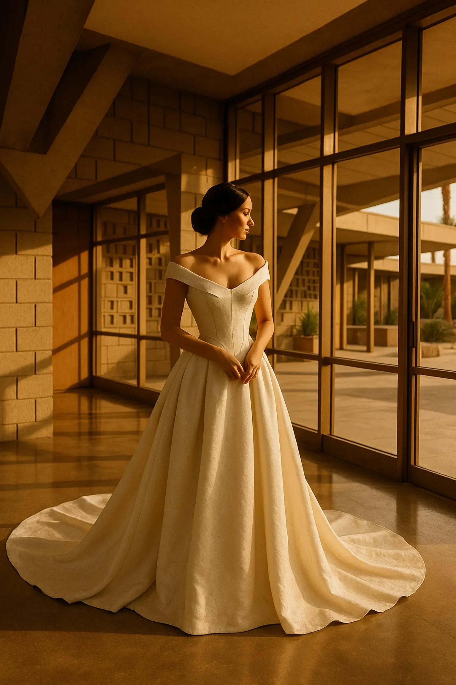 Bride in a white off-shoulder gown, standing near a large window in a modern building.