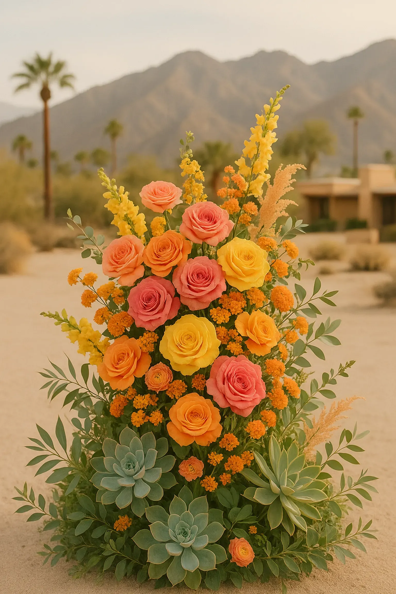 Floral arrangement with orange, yellow, and pink roses, succulents, against a desert backdrop.