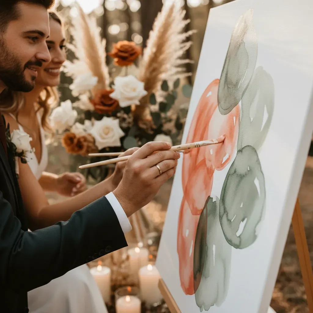 Couple painting together at an outdoor wedding. Brushstrokes of orange and green on canvas. Candles and flowers.