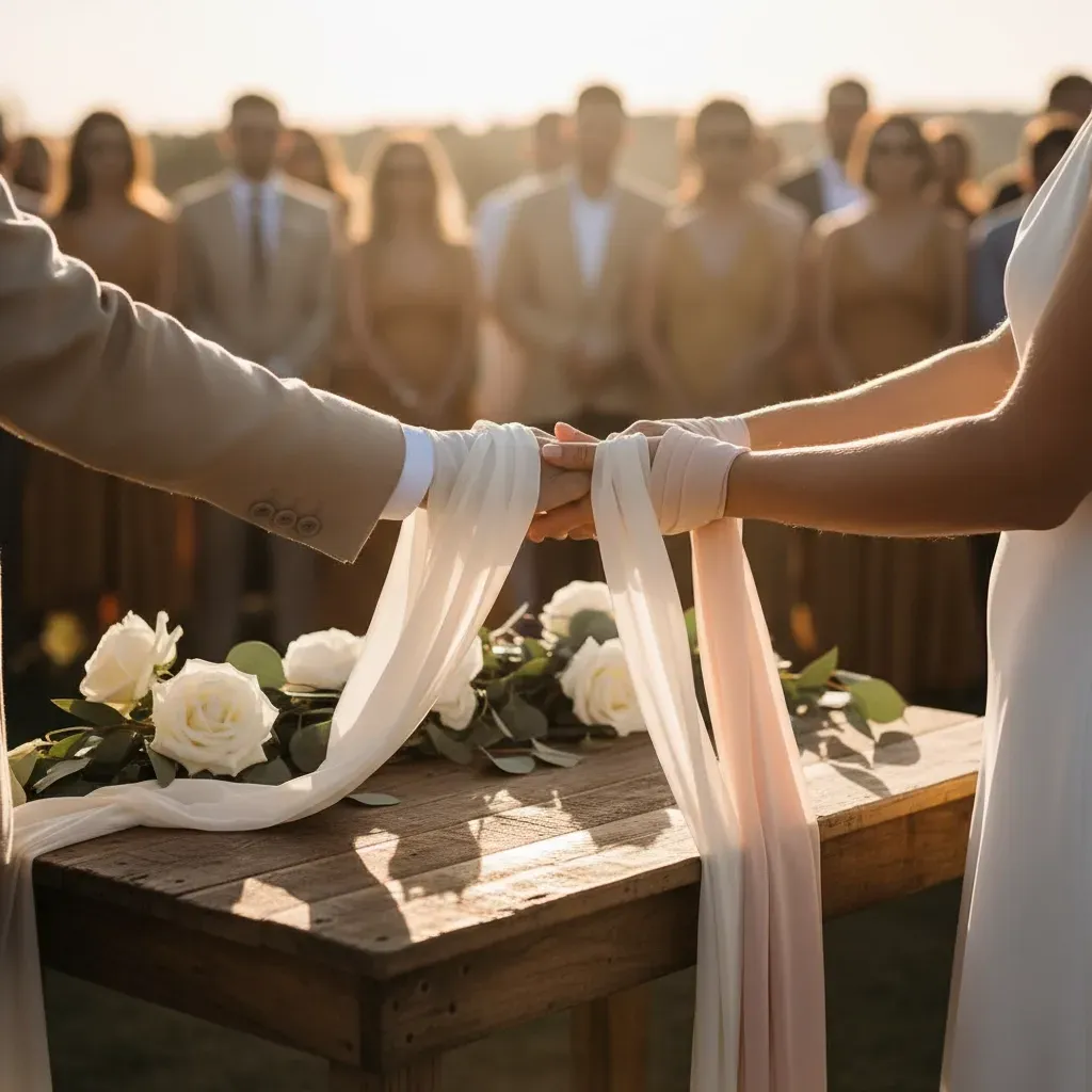 Couple's hands joined during a wedding ceremony, wrapped with white and pink fabric, with guests in the background.