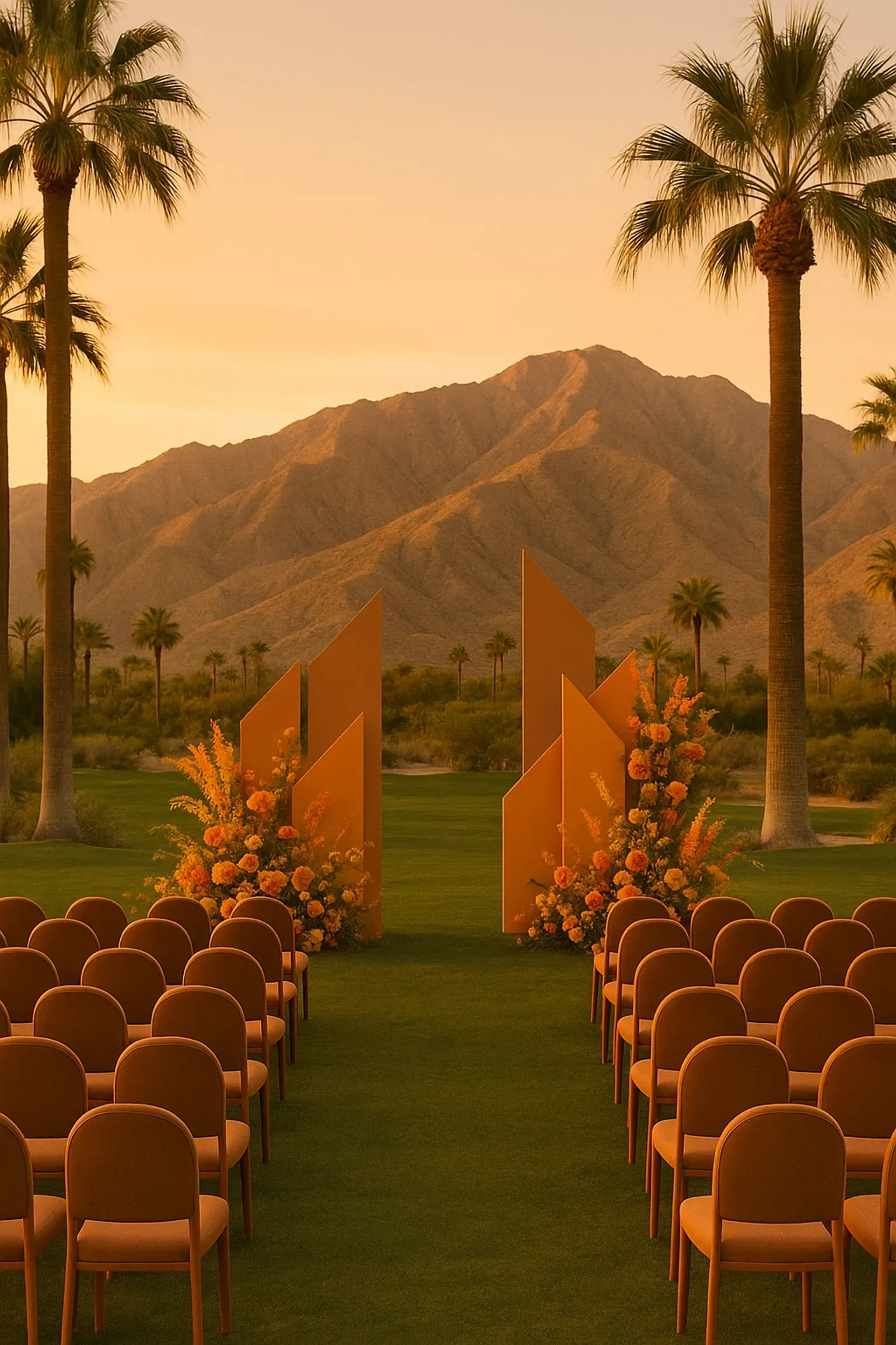 Wedding ceremony setup: golden arch, rows of chairs on a green lawn, palm trees, mountain backdrop, warm sunlight.