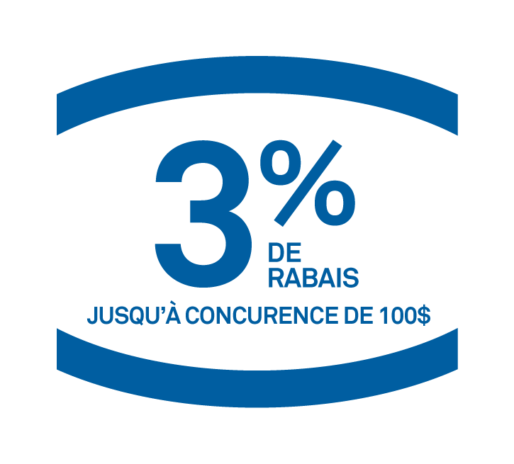 Un logo bleu et blanc qui dit 3 % de rabais