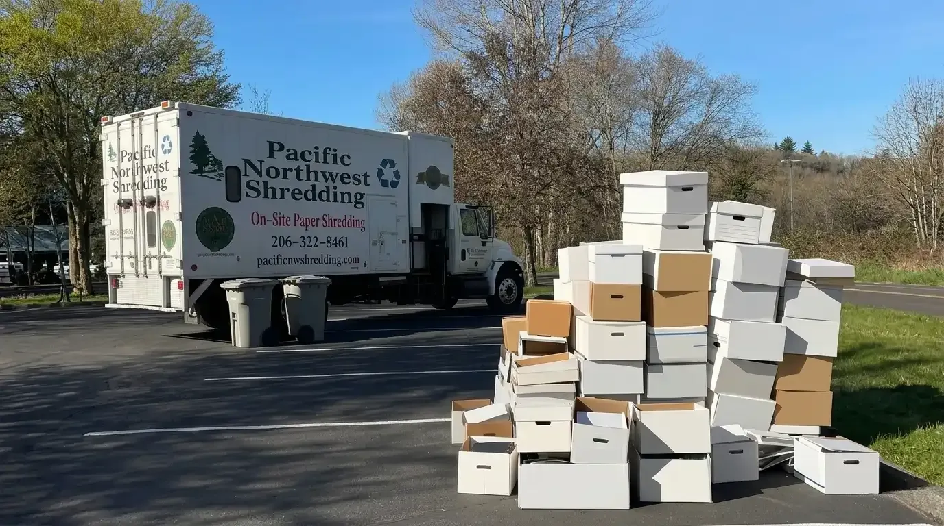 Pacific Northwest Shredding on-site shredding truck parked beside a large pile of file boxes ready for shredding