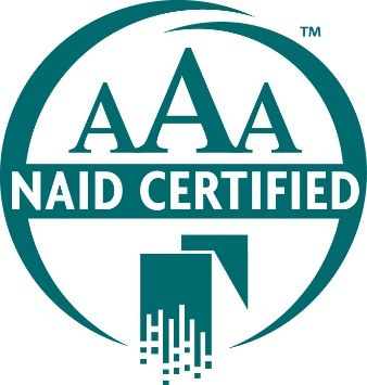 The aaa naid certified logo is blue and white