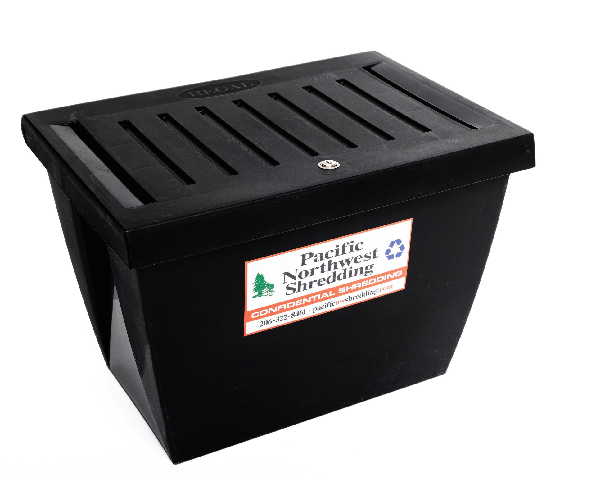 A black bin with a sticker that says pacific northwest shredding
