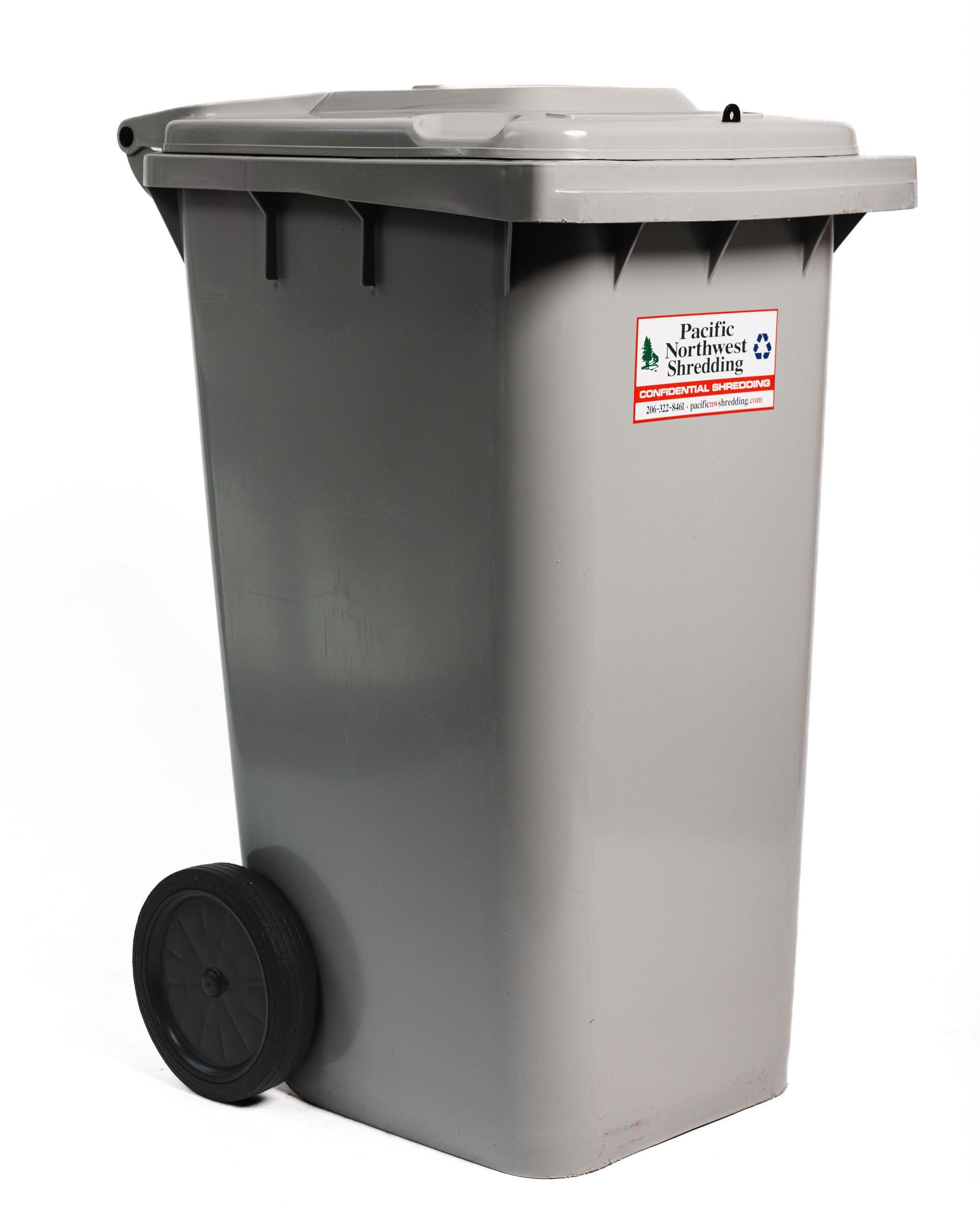 A gray trash can with black wheels on a white background.