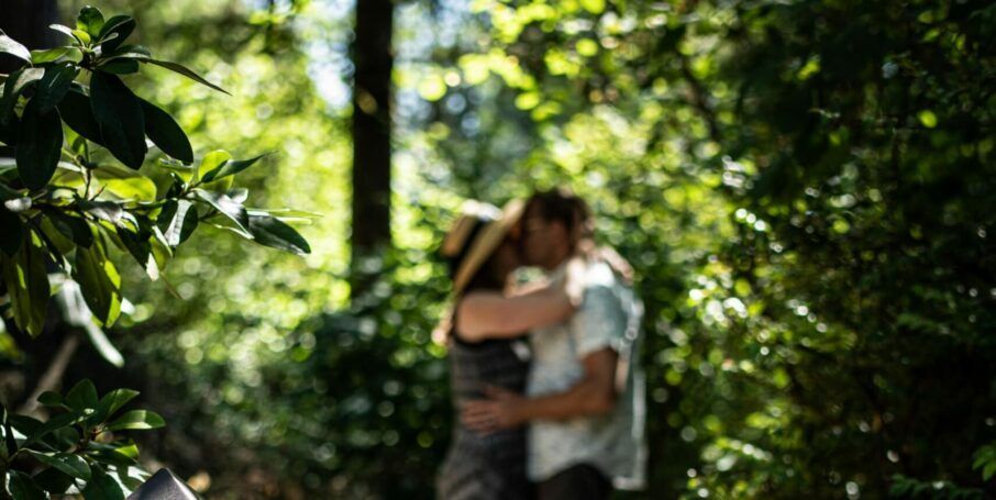 A blurred couple embraces and kisses amidst lush green foliage and sunlight.