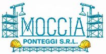Logo per Moccia Ponteggi SRL con testo circondato da impalcature, gru edili e due caschi gialli.