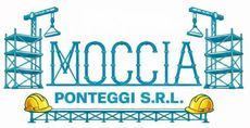 Logo per Moccia Ponteggi SRL con testo circondato da impalcature, gru edili e due caschi gialli.