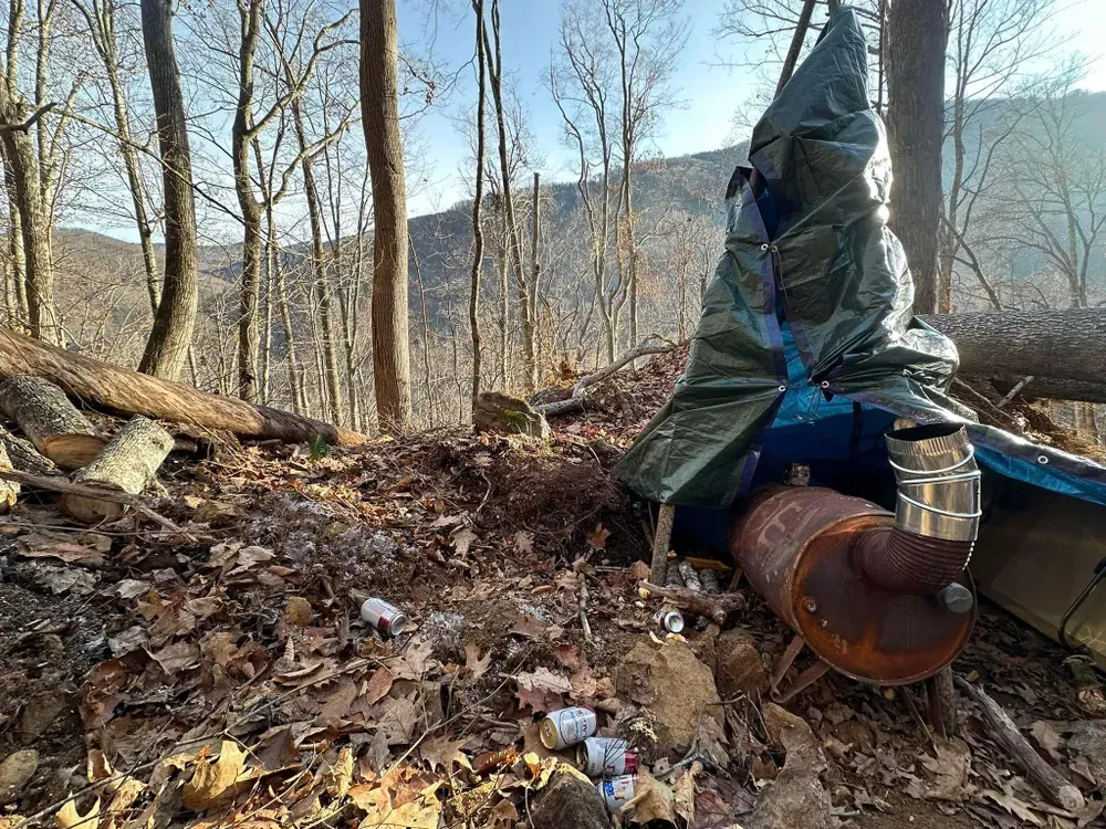 A tent is sitting on top of a pile of leaves in the woods.
