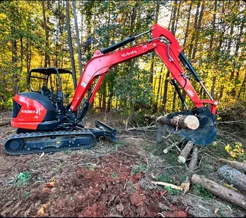 A red excavator is sitting in the middle of a forest next to a pile of logs.