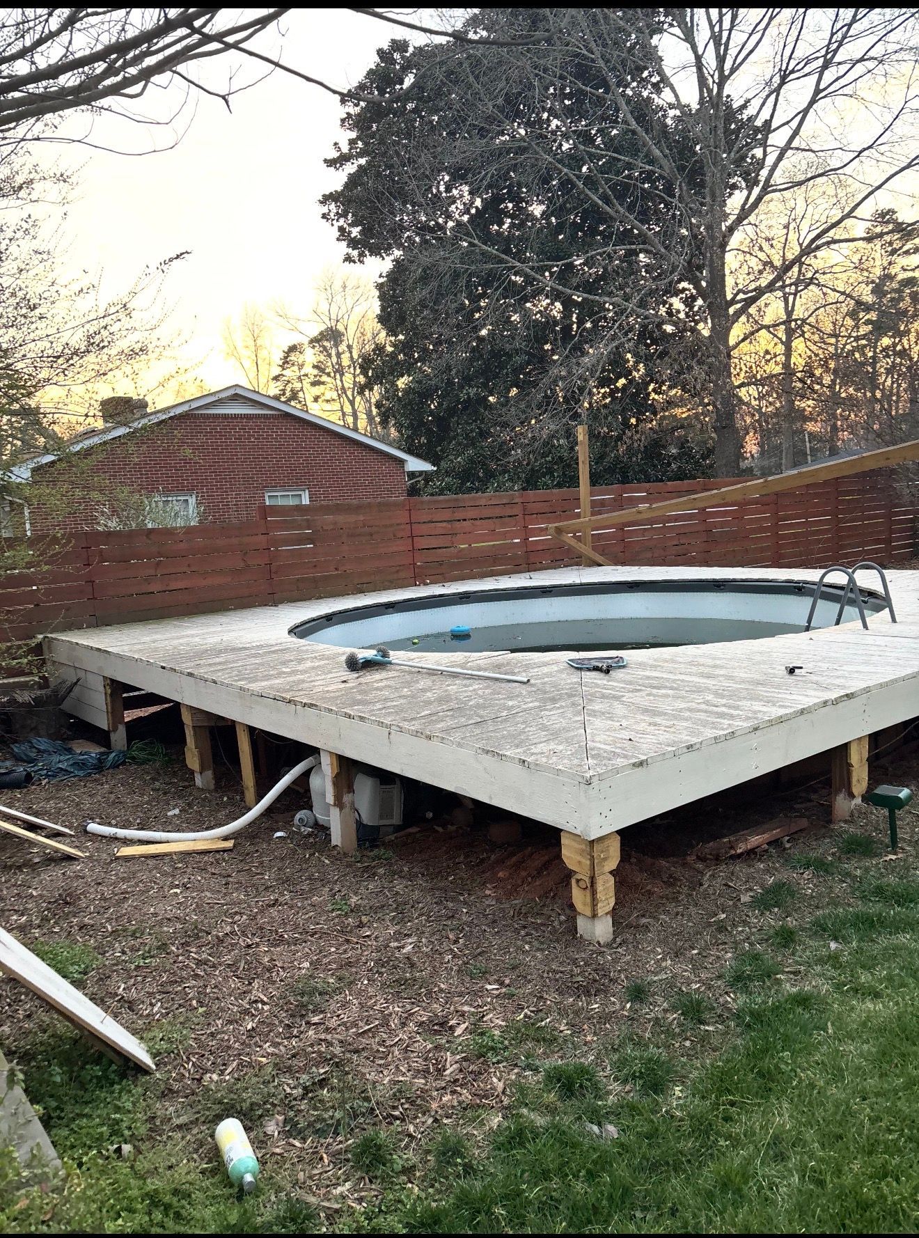 Raised backyard pool deck with a covered pool, brick fence, and trees at sunset