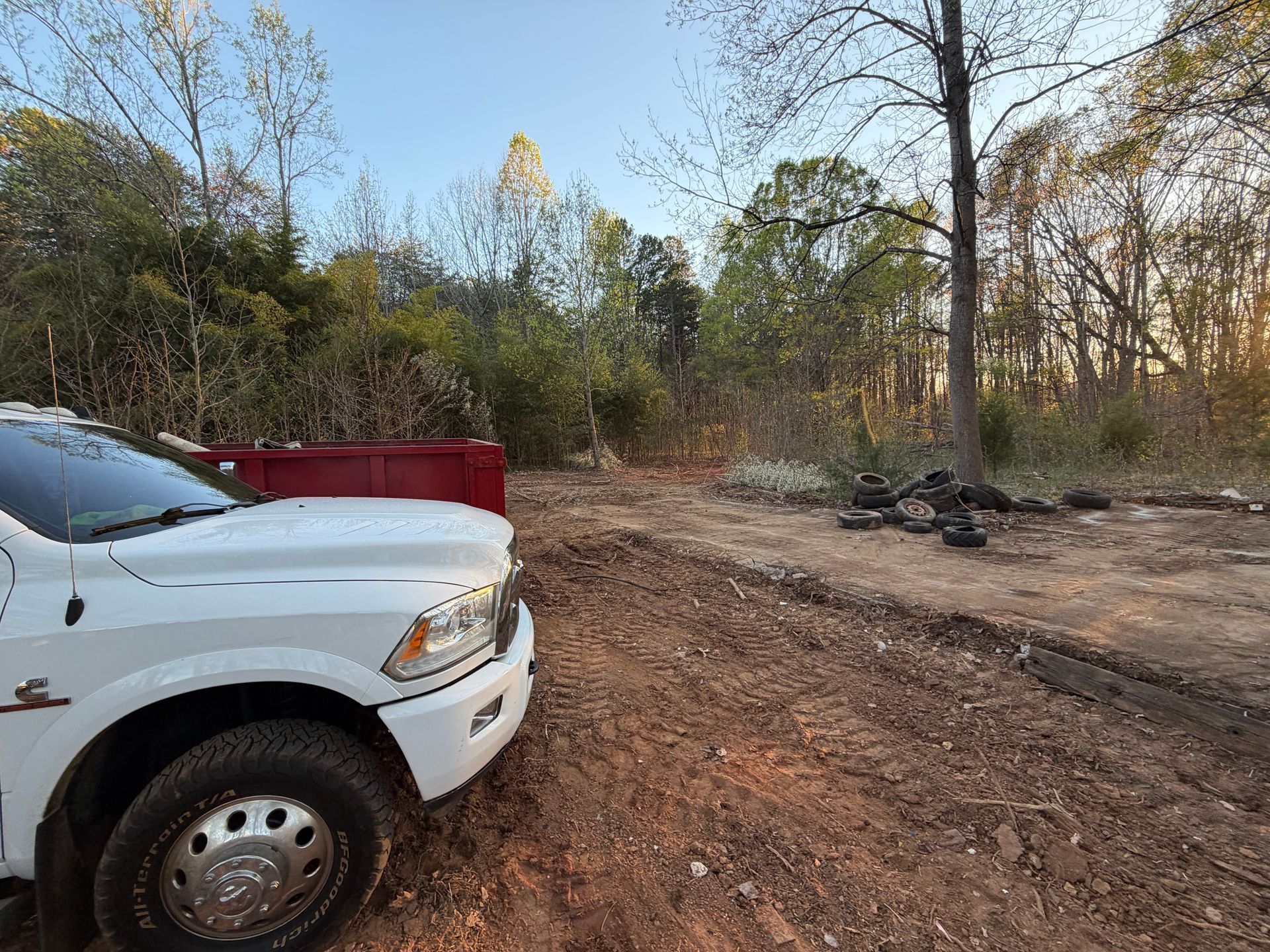 White pickup truck on a dirt road beside a wooded clearing with scattered debris.